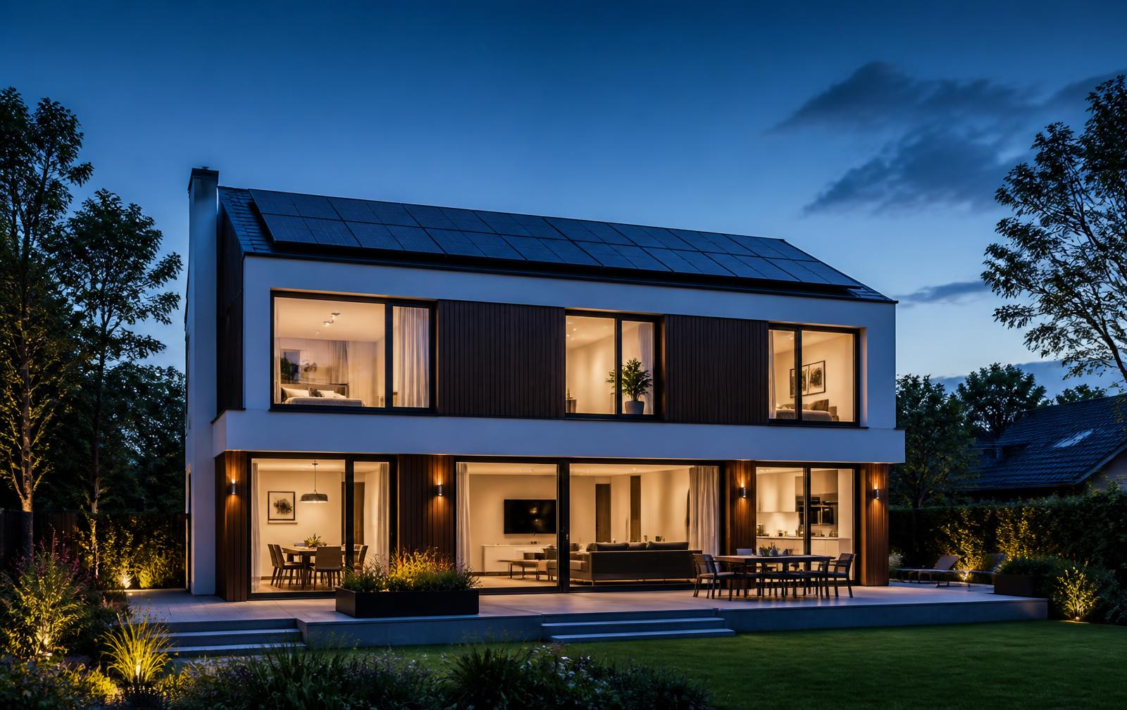 Modernes Fertighaus mit vollflächiger Photovoltaikanlage in der Abenddämmerung
