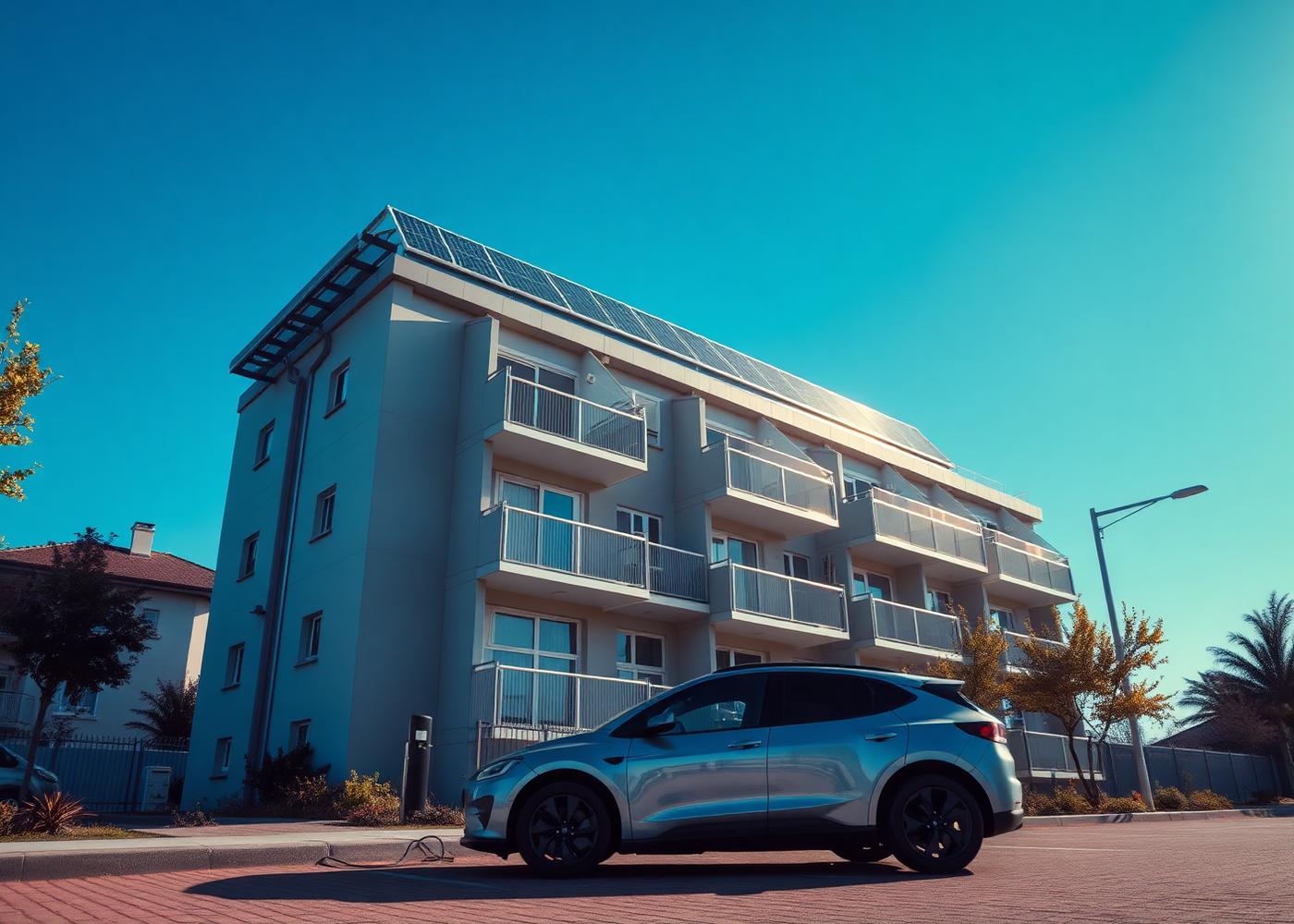 Mehrfamilienhaus mit Photovoltaikanlage und ladendem Elektrofahrzeug