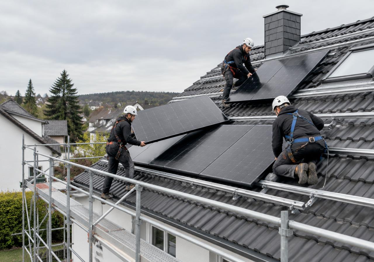 Symbolbild: Montageteam mit Helmen und Auffanggurten auf einem Steildach, Gerüst mit Seitenschutz an der Traufe