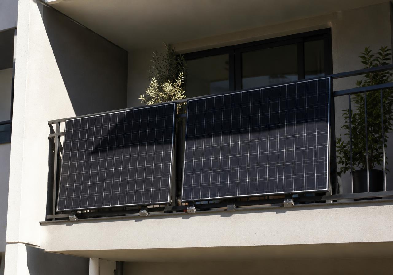 Symbolbild: Balkonmodule, deren obere Hälfte vom Balkon darüber verschattet wird