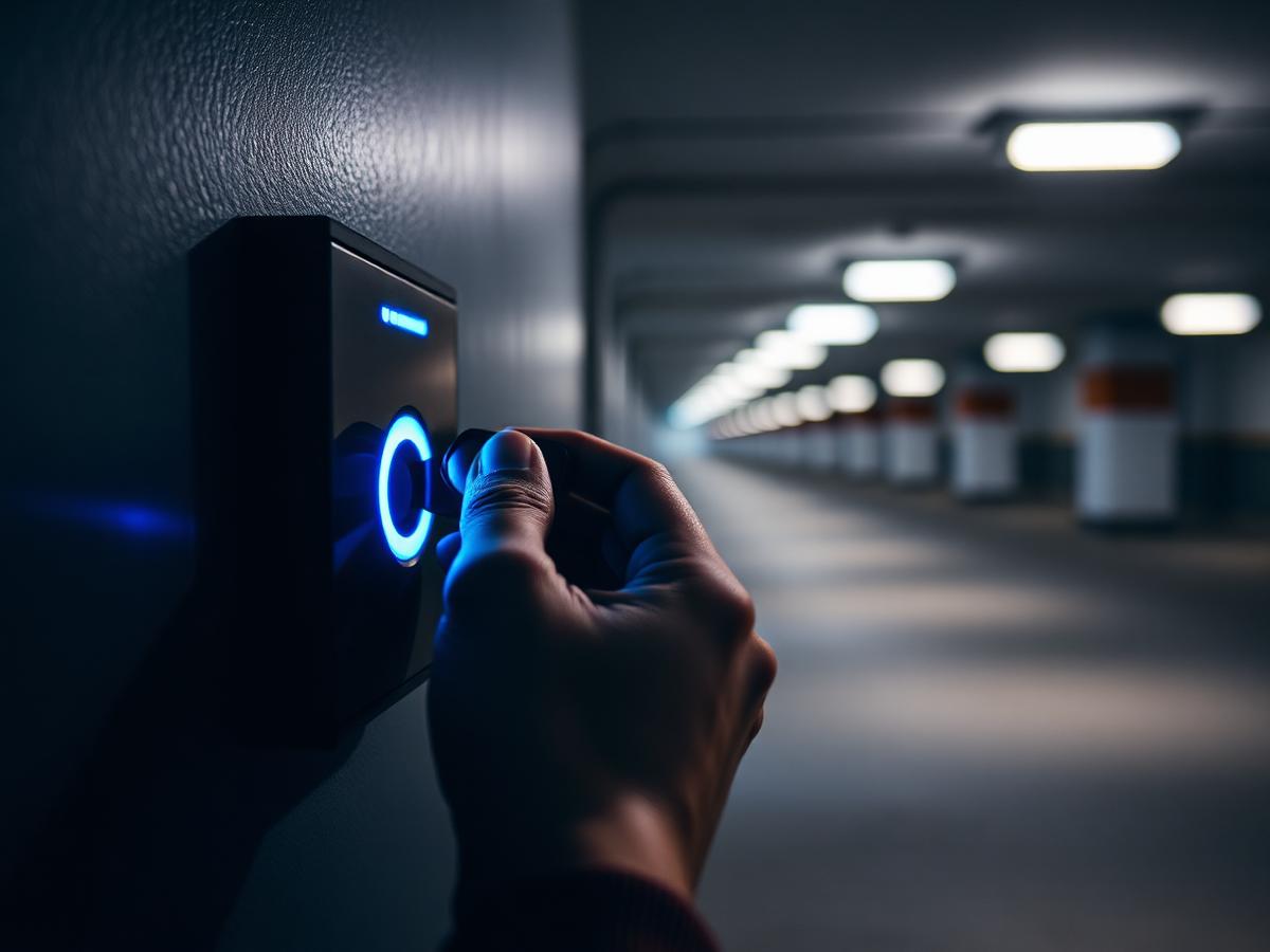 Hand hält einen RFID-Chip an das Lesefeld einer Wallbox